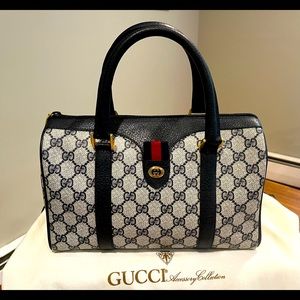 Vintage Gucci Small Doctor Bag Navy Blue Canvas Excellent Exterior Condition